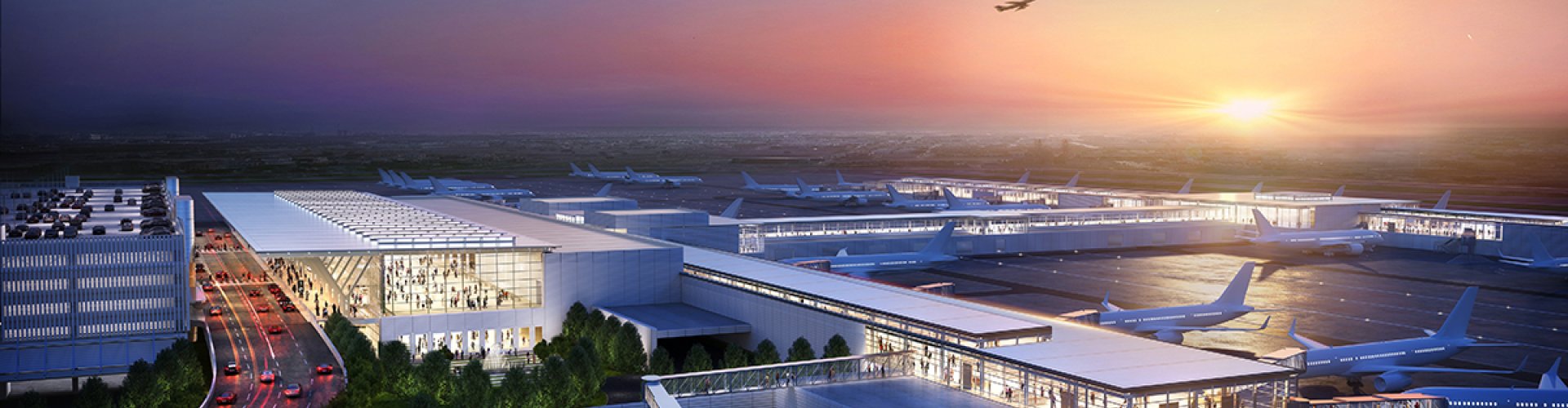 Sunset over Kansas City Intl Airport terminal