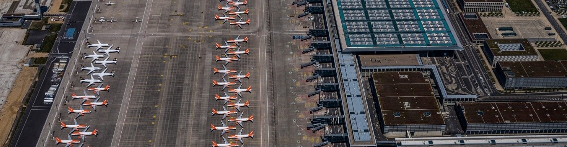 Sunset view of Berlin Brandenburg Airport terminal area with soft light